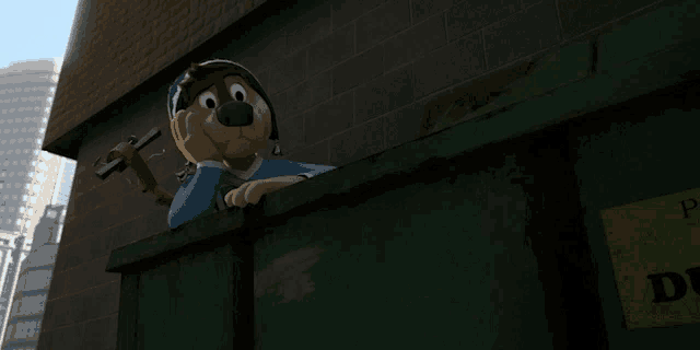 a cartoon dog is looking over a dumpster with a yellow sign that says p.
