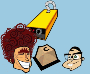 a cartoon drawing of a man with curly hair and a yellow box with the letter c on it