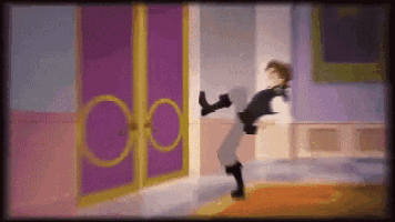 a cartoon character is kicking a door in a room .