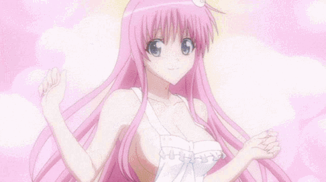 a girl with pink hair and a white apron is dancing