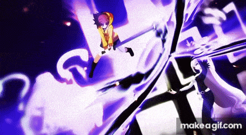a girl in a yellow hoodie is flying through the air while holding a sword in her hand .