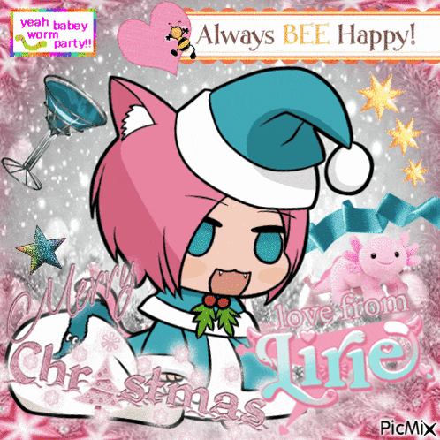 a christmas card with a cat wearing a santa hat and the words " always bee happy "