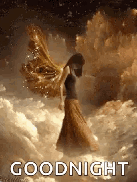 a woman with wings is standing in the clouds with the words `` goodnight '' .