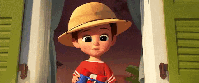 a boy wearing a straw hat and a red shirt is holding binoculars in front of a window