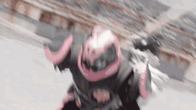 a robot with a pink helmet is flying through the air .