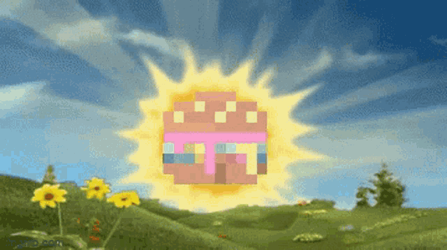 a pixel art of a house surrounded by flowers and a sun