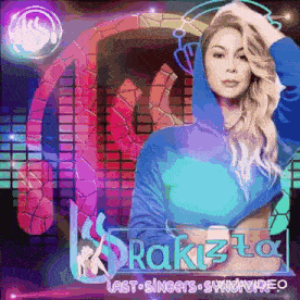 a woman in a blue hoodie is standing in front of a sign that says last singers sync video