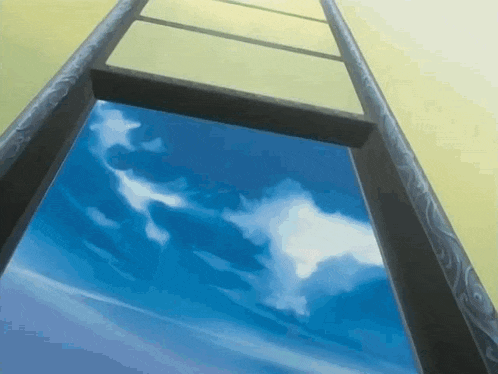 a ladder leading to a blue sky with white clouds