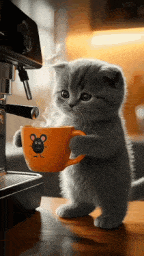a kitten is holding a cup of coffee with a mouse on it .