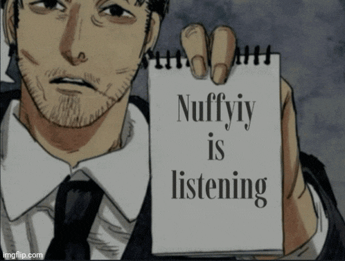 a man in a suit holds up a notepad that says nuffyiy is listening