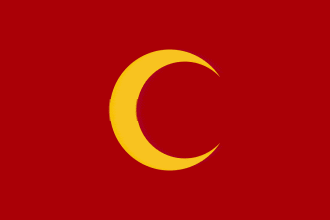 a red background with a yellow crescent moon on it