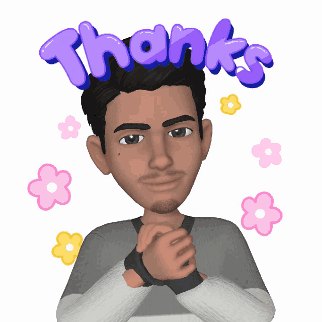 a cartoon man is surrounded by pink flowers and the word thanks
