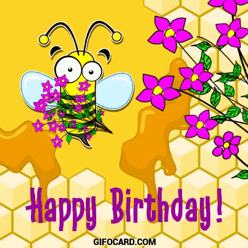a happy birthday card with a bee and honeycomb