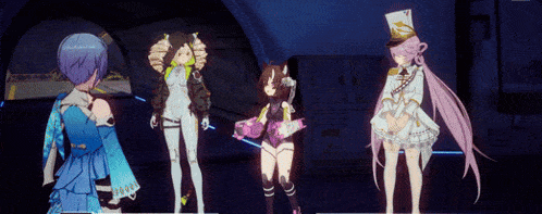a group of anime girls are standing in a dark room