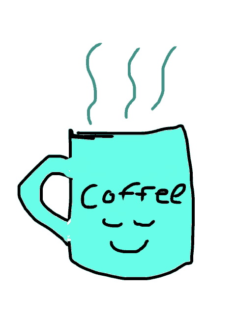 a drawing of a cup of coffee with steam coming out of it and the word coffee on it