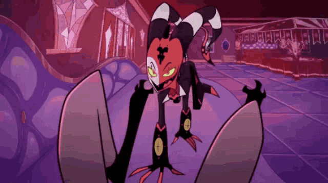 a cartoon character with horns and green eyes stands in a dark room