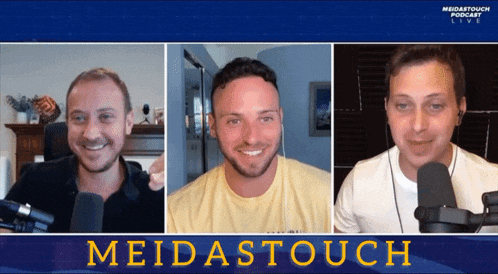 three men are smiling in front of a screen that says meidastouch live