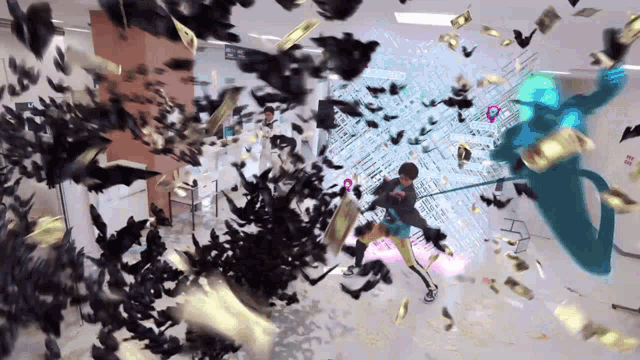 a person is standing in a room with a lot of birds flying around them