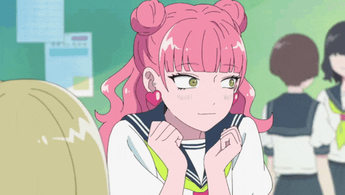 a girl with pink hair and green eyes making a face