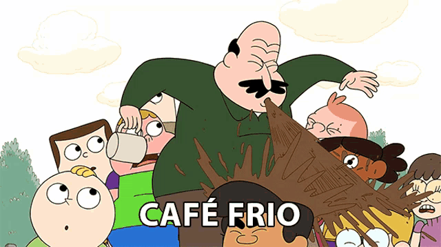 a cartoon of a group of people with the words cafe frio on the bottom right