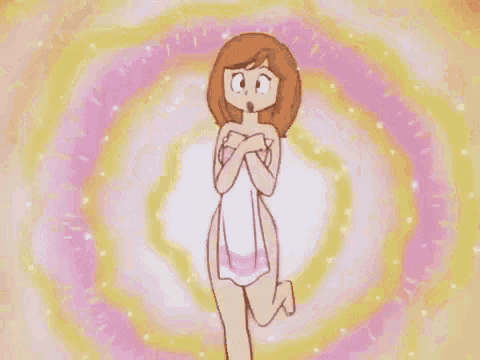 a naked cartoon girl wrapped in a towel is standing in front of a pink and yellow swirl .
