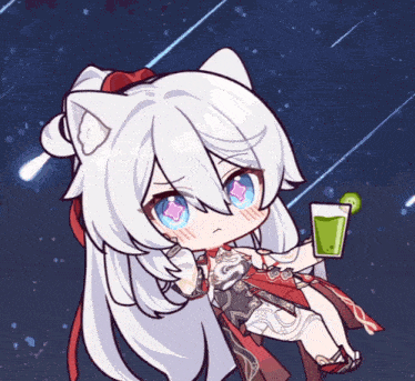 a drawing of a girl with white hair and blue eyes holding a green drink