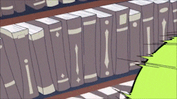 a green cartoon character is standing in front of a bookshelf