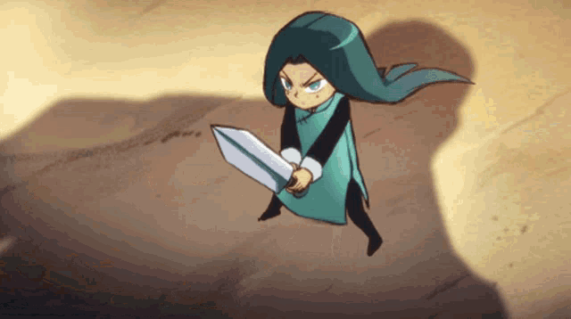 a cartoon character with long hair is holding a large sword