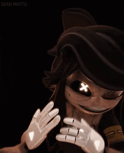 a close up of a cartoon character with glowing eyes and a cross on his chest .