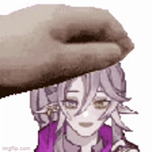 a hand is petting a girl 's head with a purple shirt .