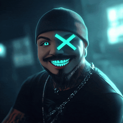 a man wearing a mask with an x in his eyes