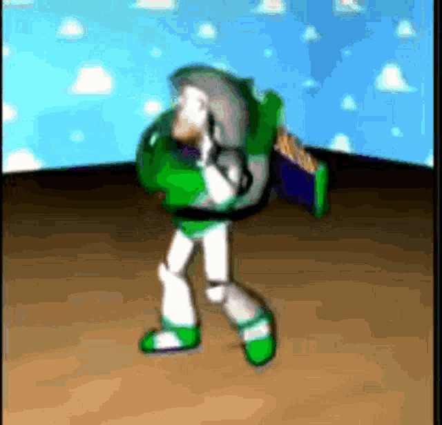 a cartoon of buzz lightyear from toy story standing on a wooden floor