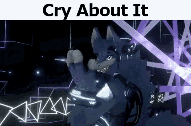 a cartoon wolf with a purple background and the words `` cry about it '' on it .