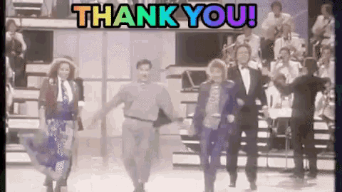 a group of people are dancing on a stage and the words thank you are on the bottom