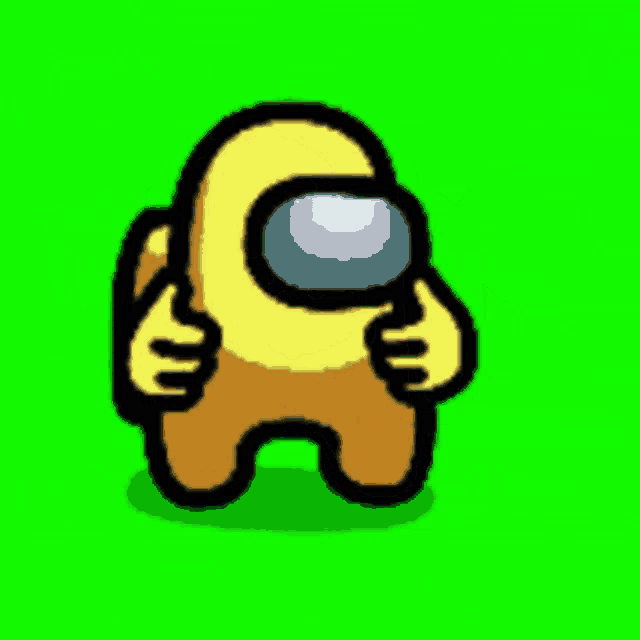 a cartoon character from among us is standing on a green background .