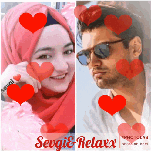 a man and a woman are surrounded by red hearts and the words sevgi & relaxx on the bottom
