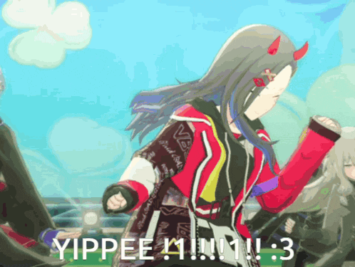 a picture of a girl with horns and the words yippee 1 1 3