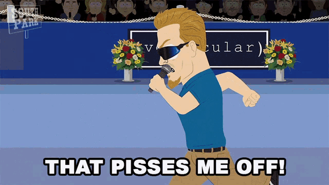 a cartoon of a man singing into a microphone with the words that pisses me off