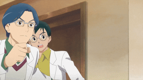 two anime characters are standing next to each other and one has glasses on