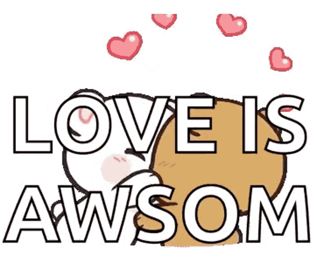 a sticker that says love is awsom with a bear surrounded by hearts .