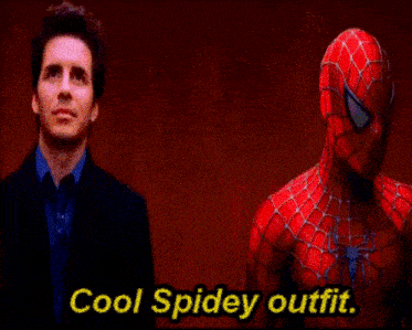a man in a suit stands next to a spiderman and the words cool spidey outfit are visible