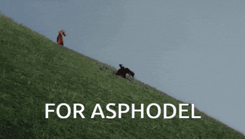 a person walking up a grassy hill with the words " for asphodel " below them