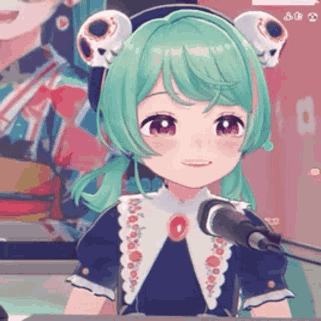a girl with green hair is sitting in front of a microphone and smiling .