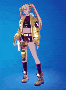 a girl in a gold jacket and shorts with the letter v on her arm