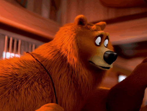 a close up of a cartoon bear with a rope around it 's neck