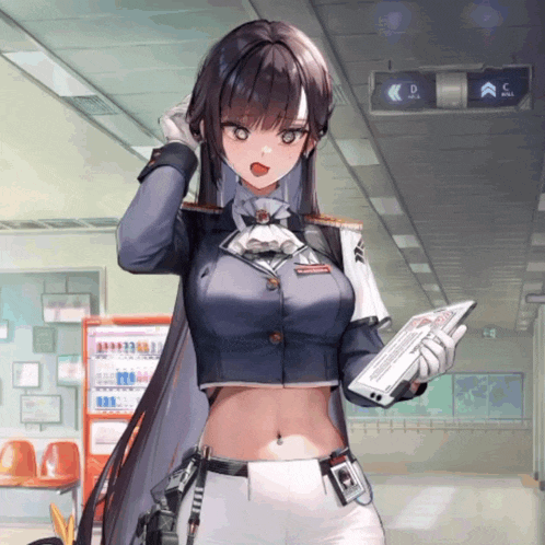 a girl in a military uniform is standing in a hallway holding a book