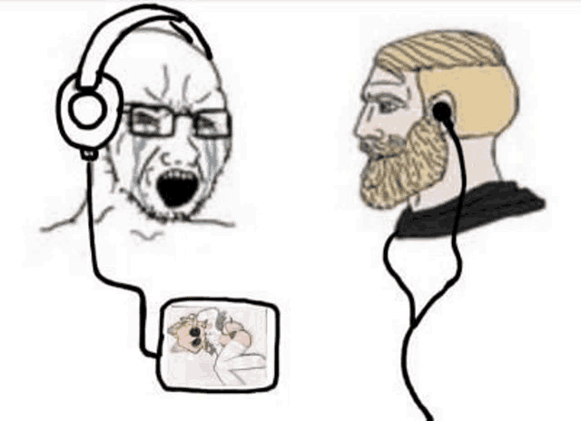 a cartoon of a man with a beard wearing headphones and a cartoon of another man wearing headphones .