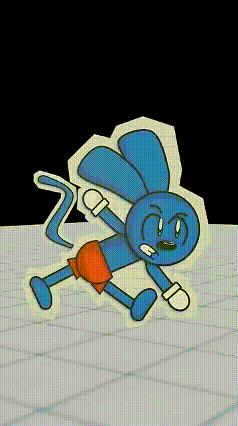 a blue cartoon character is laying on the ground