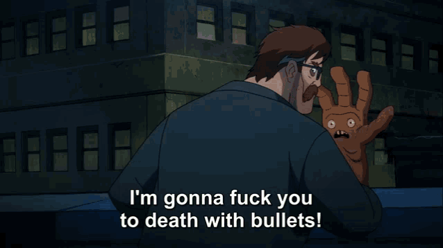 a man in a suit holding a gun with the words i 'm gonna fuck you to death with bullets