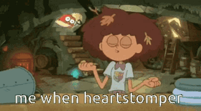 a cartoon character says me when heartstomper in a cave